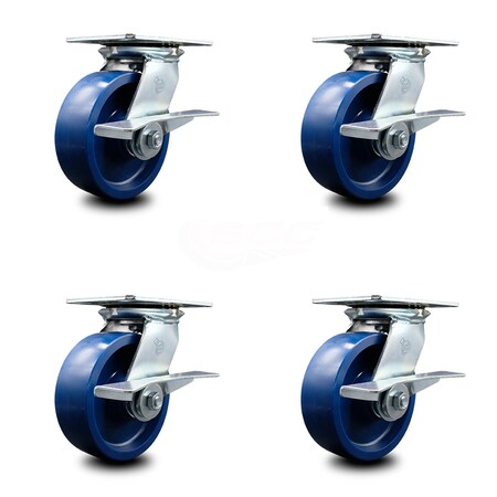 Service Caster 6 Inch Heavy Duty Solid Poly Caster Set with Roller Bearings and Brakes SCC SCC-35S620-SPUR-SLB-4